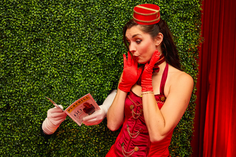 Red carpet entrance experience with grandiose violinist in gold butterfly headpiece, Golden Hour milestone birthday