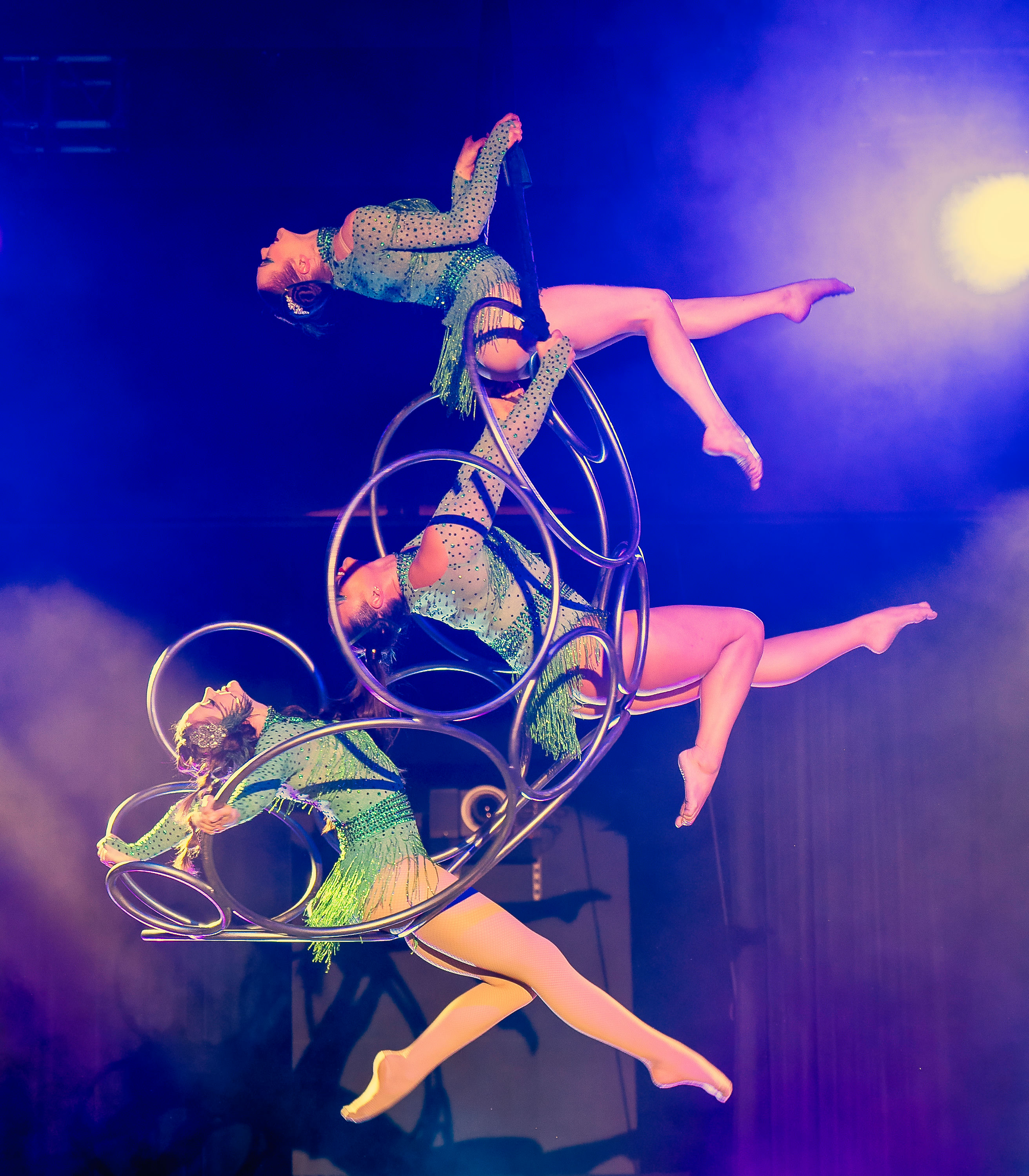 LED Poi performer in synchronized pattern with custom LED Double Cube imported from Poland, Rio Carnival NYE entertainment